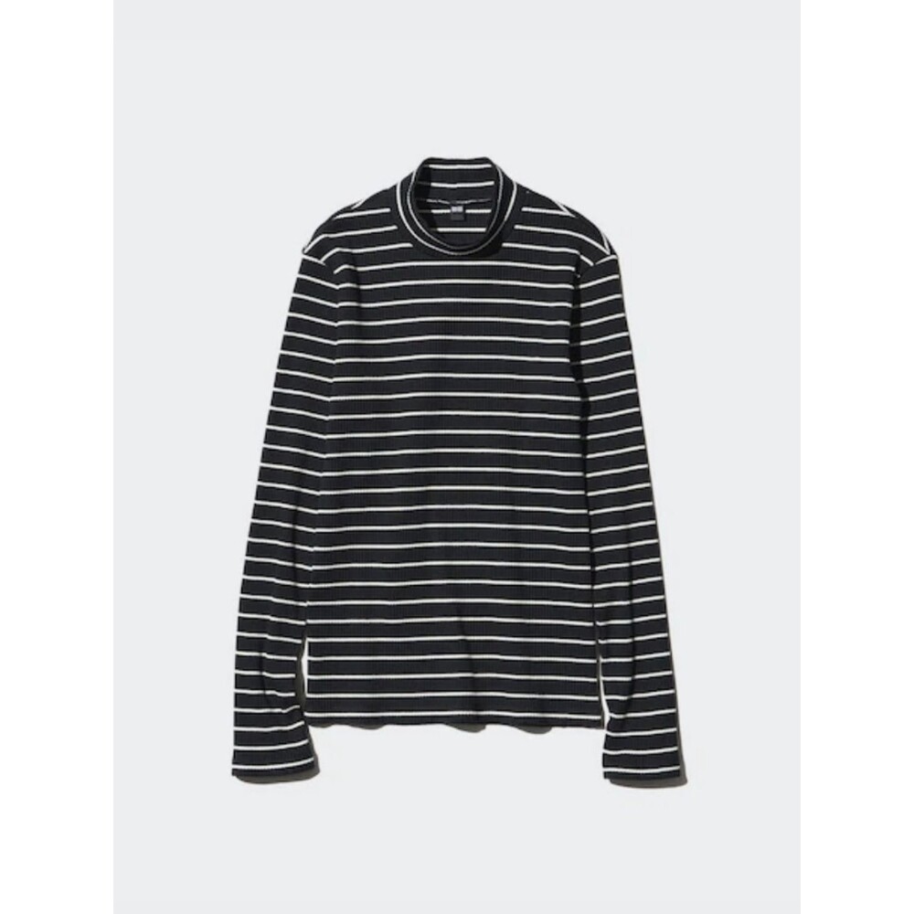 Uniqlo Black White Striped Long-Sleeve Mockneck Medium Womens Ribbed Korea